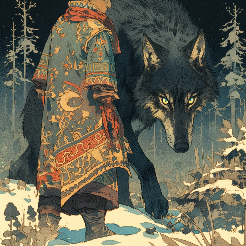 Illustration of a wolf and boy in forest.