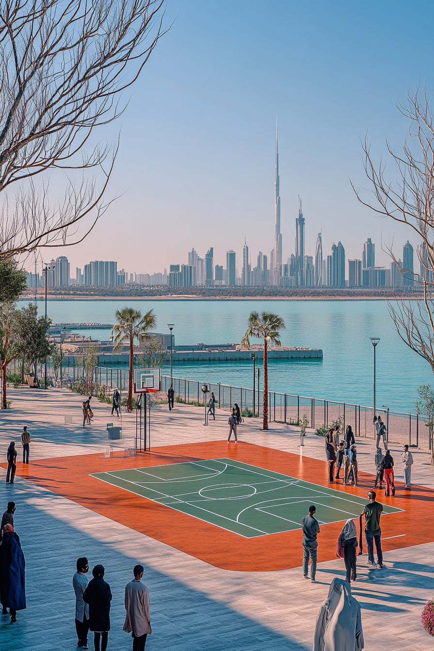 Illustration of basketball court by Kuwait coast, with locals.