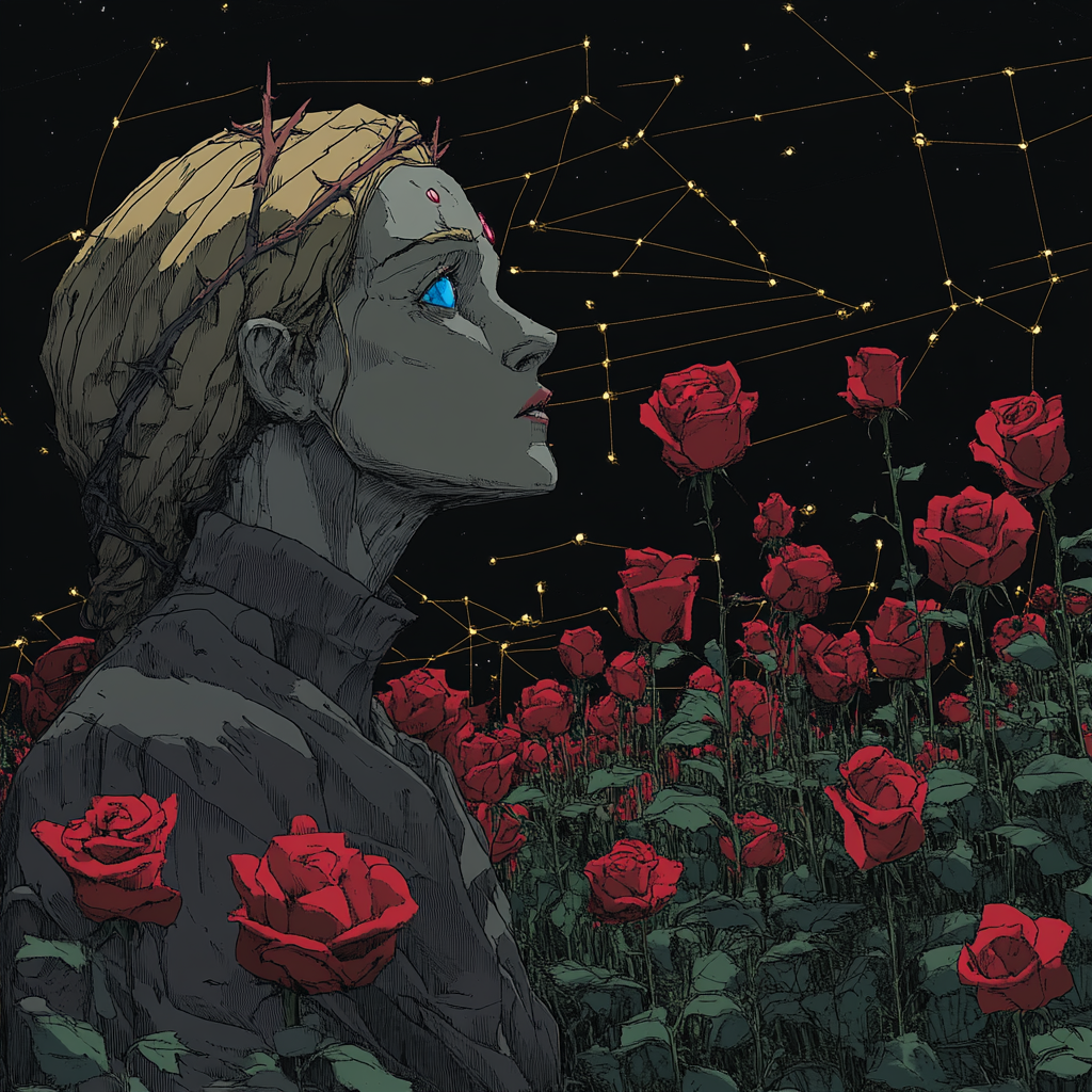 Illustration of blue eyed queen with red roses.