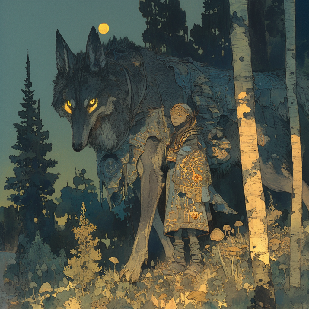 Illustration of boy riding wolf in dark forest.