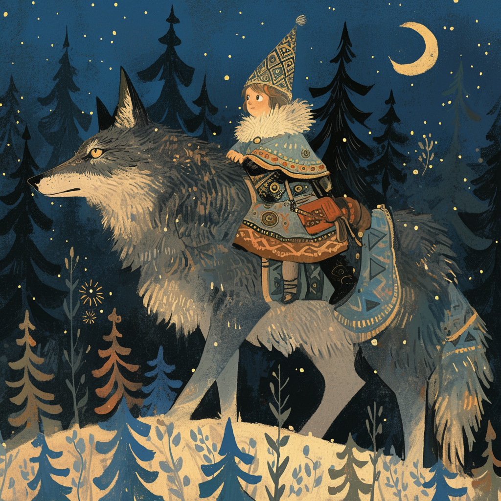 Illustration of boy riding wolf through forest at night.