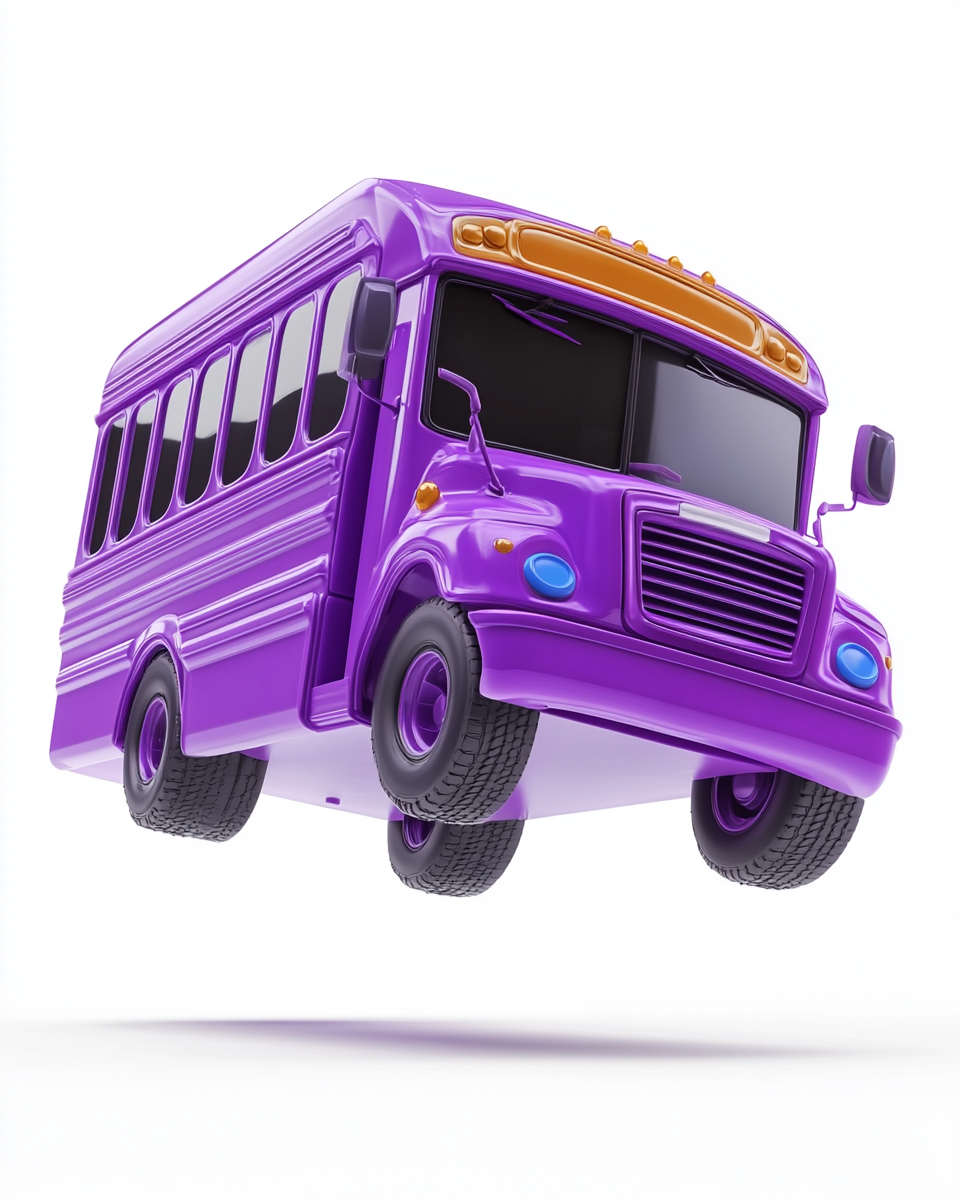 Illustration of bus jumping in air, purple logo.