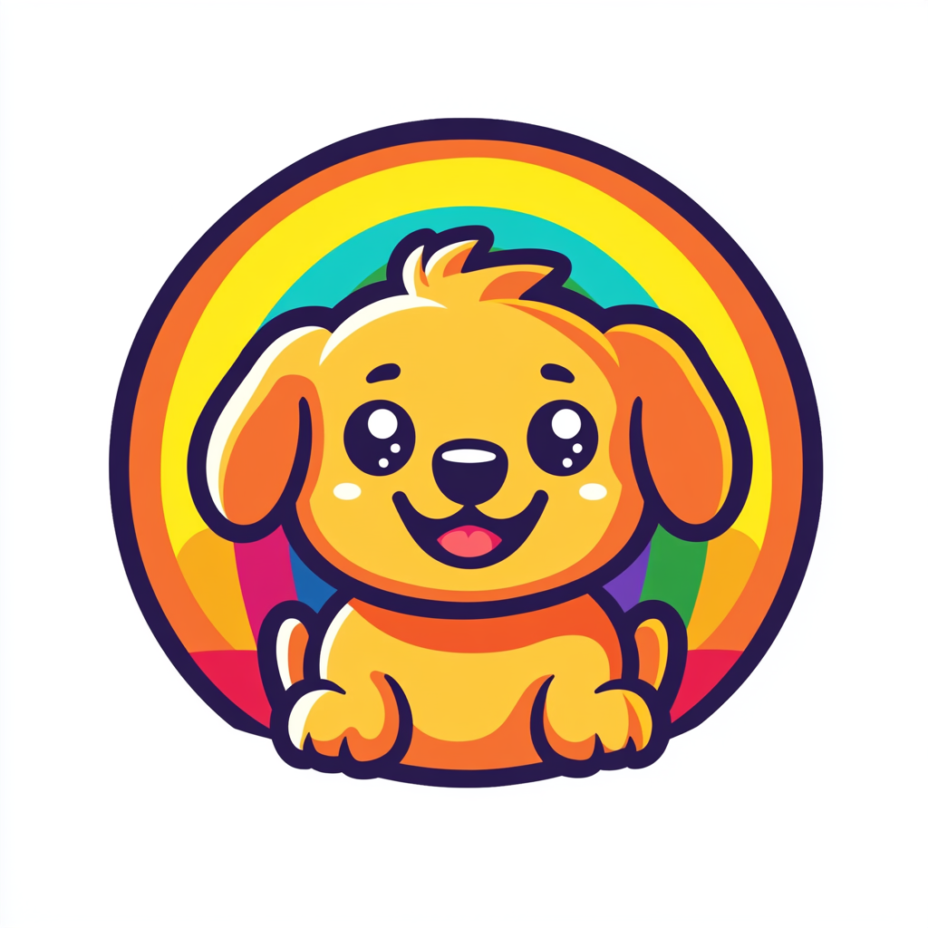 Illustration of cheerful puppy getting groomed with rainbow background.