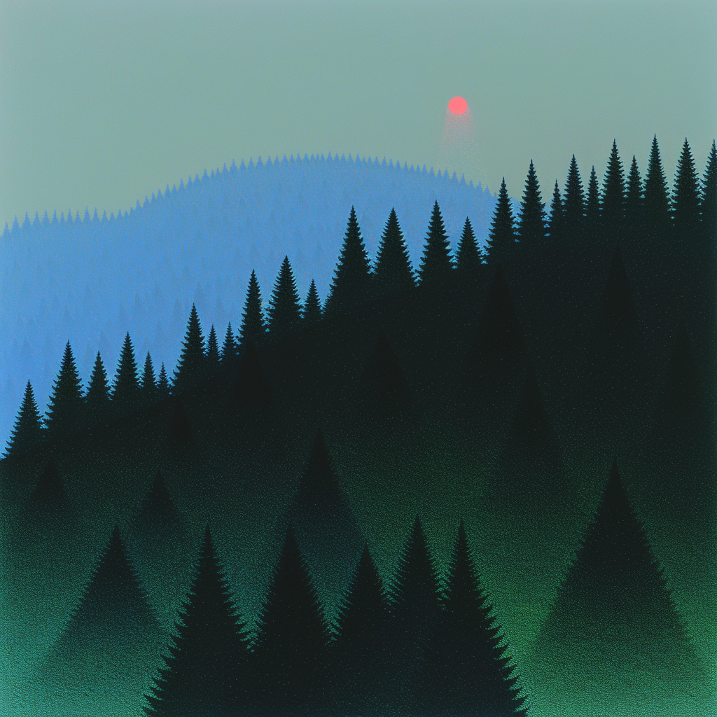 Illustration of dark German forest with strong shadows.