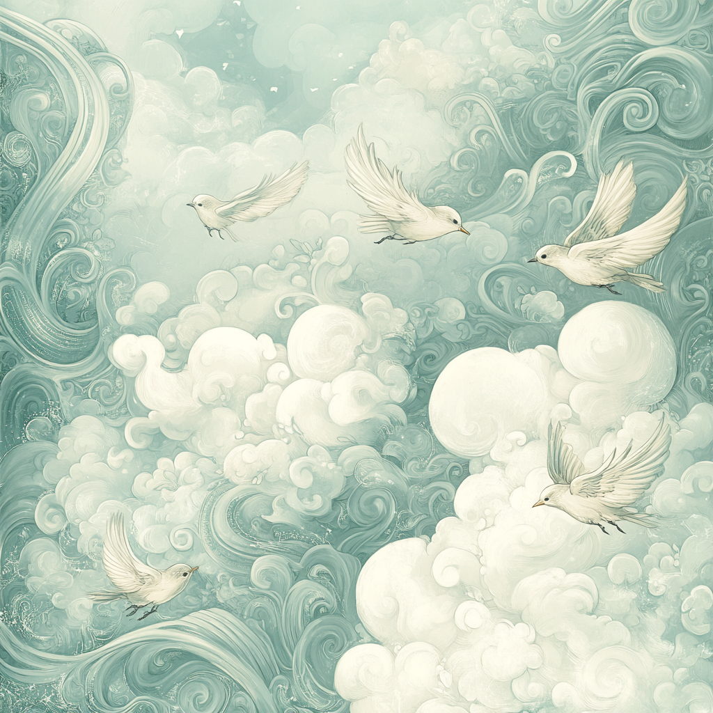 Illustration of delicate clouds and whimsical birds inspired.