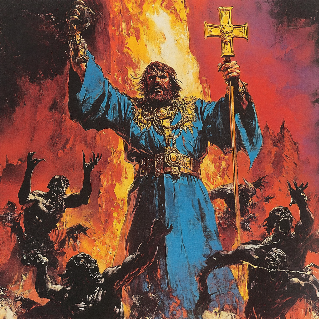 Illustration of devil in blue robes surrounded by demons