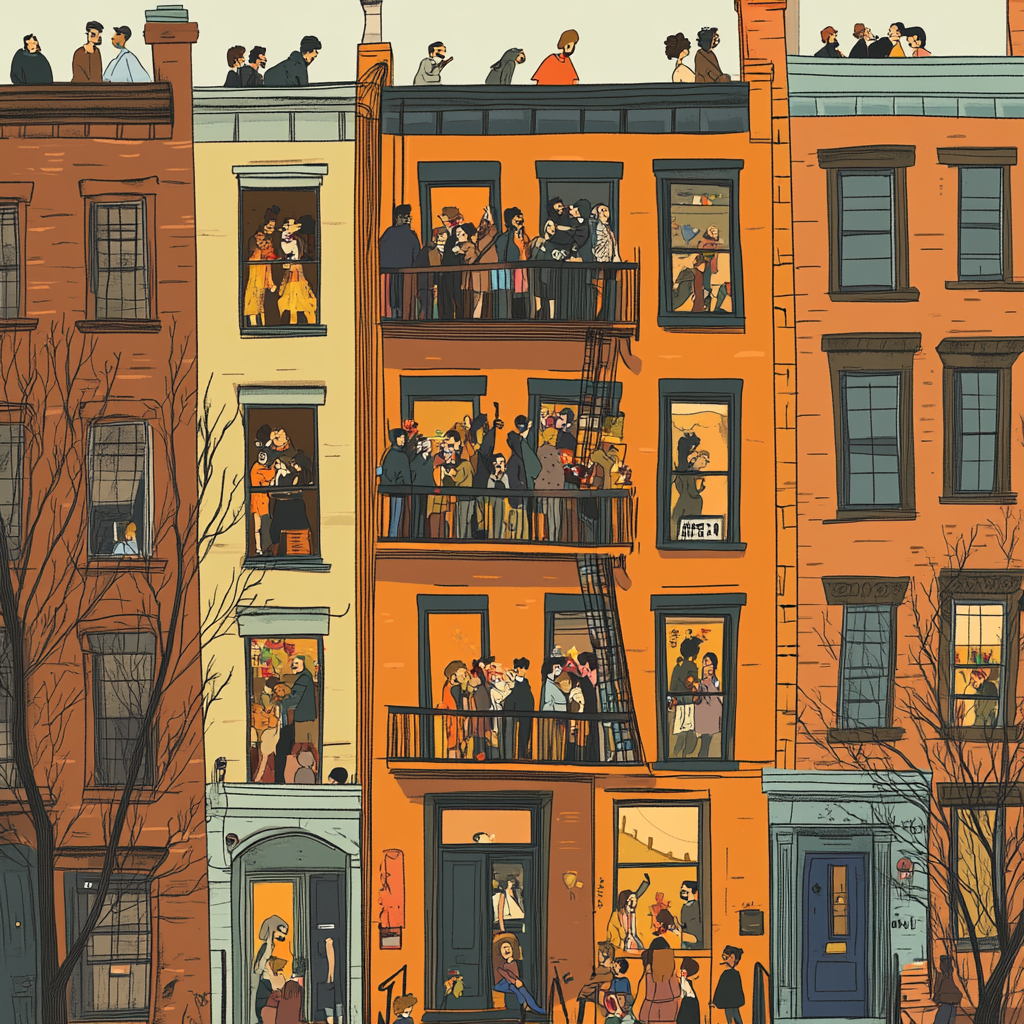 Illustration of diverse, crowded brownstone - chaotic, love-filled.