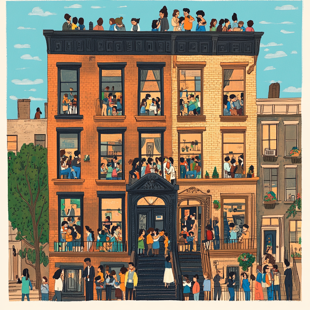 Illustration of diverse people in Brooklyn brownstone apartment.