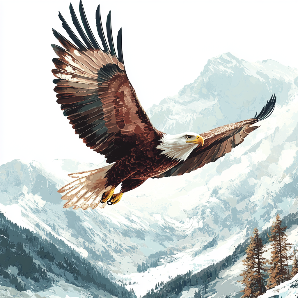 Illustration of eagle flying over landscape, vivid colors.