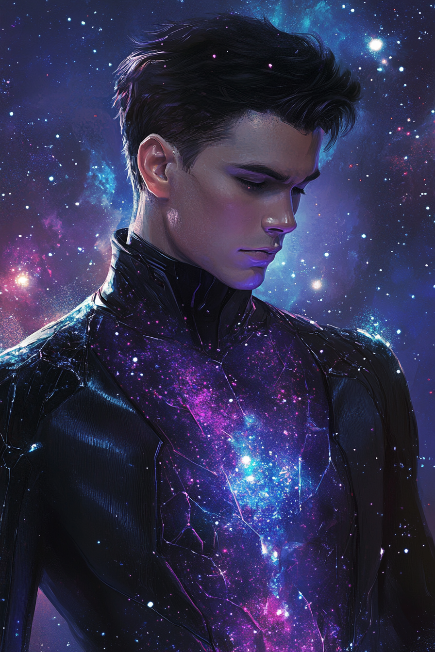 Illustration of elegant, futuristic young man with cracked body.