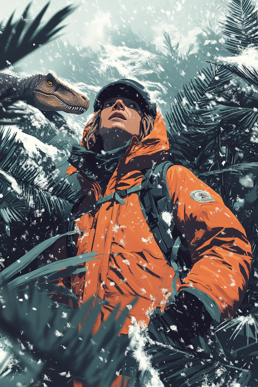 Illustration of explorer in winter gear in dinosaur forest.