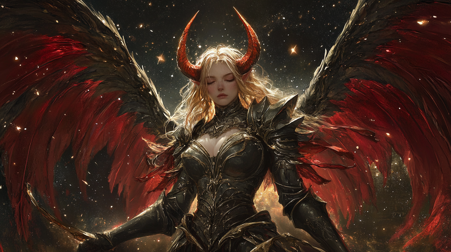 Illustration of female seraph fallen with red wings.