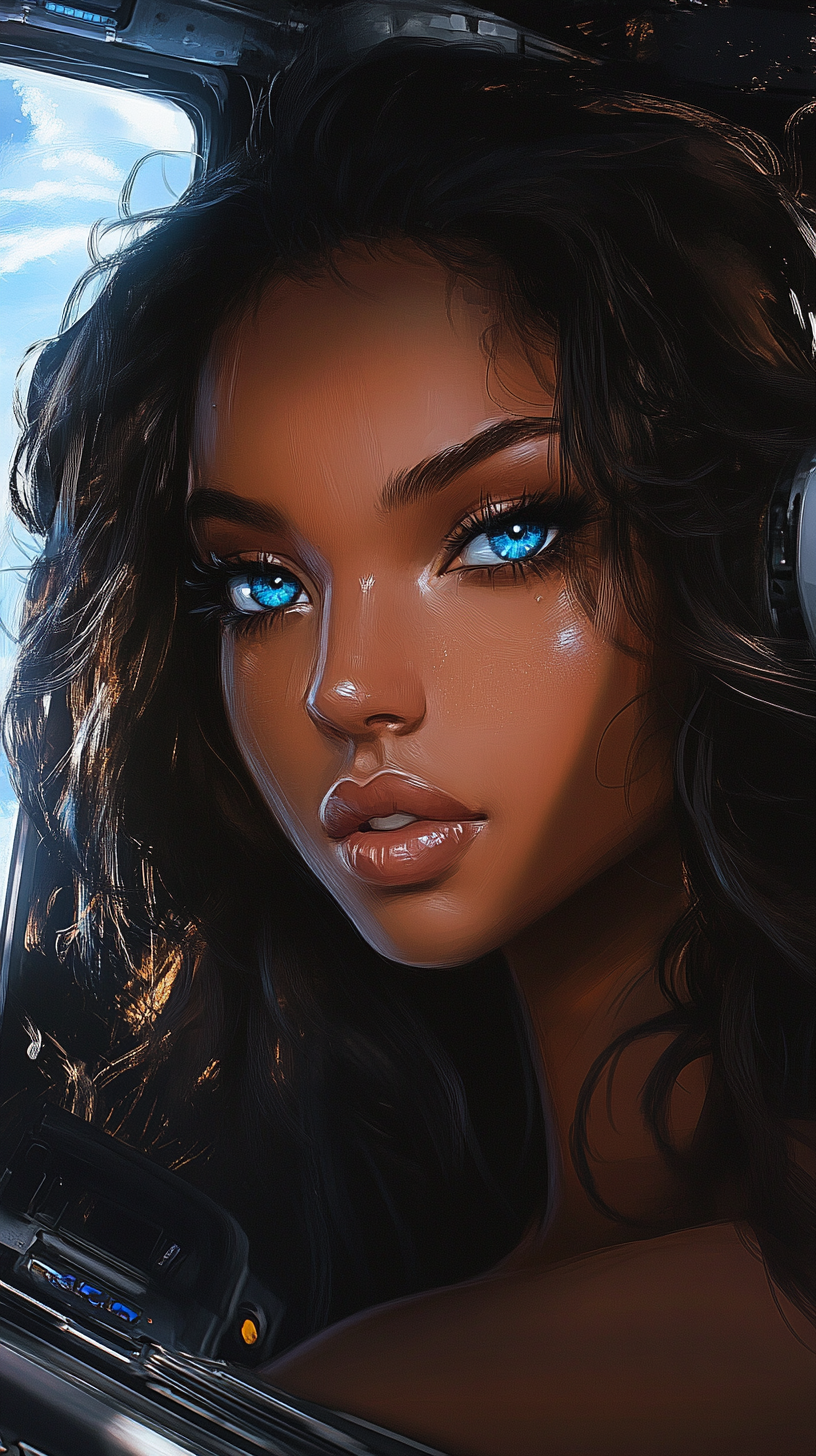 Illustration of girl with blue eyes in airplane cockpit.