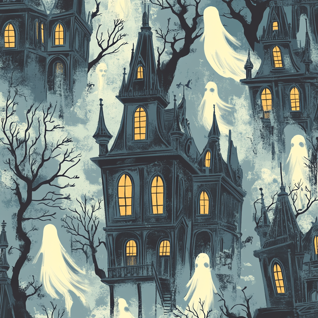 Illustration of haunted mansion with eerie ghostly figures.