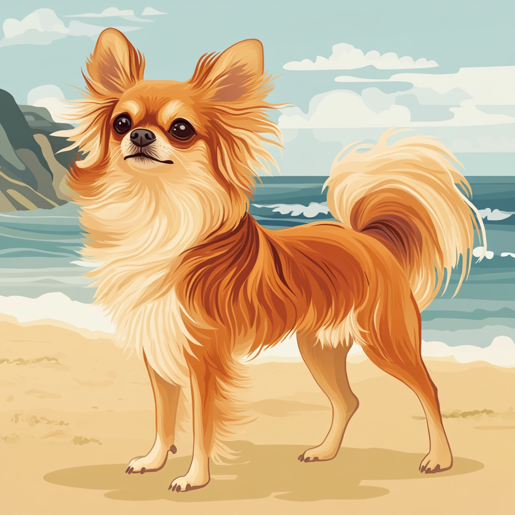 Illustration of long-haired Chihuahua on beach with lion-like fur.