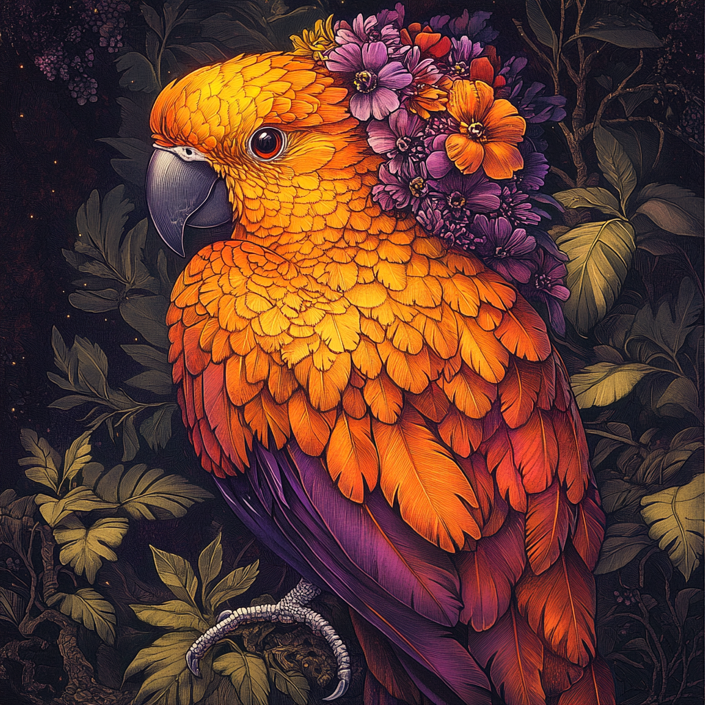 Illustration of majestic orange parrot with royal crown.