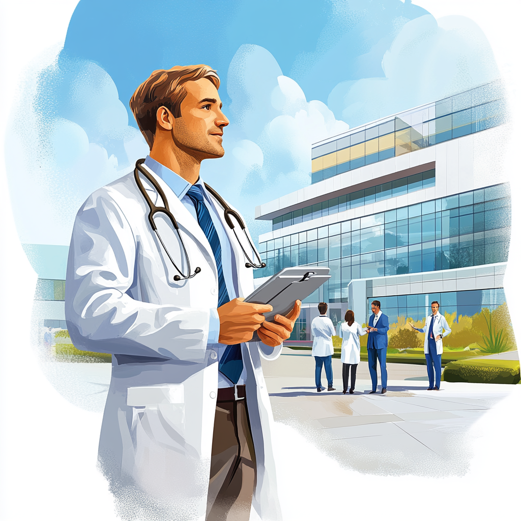 Illustration of male doctor interacting with healthcare colleagues.