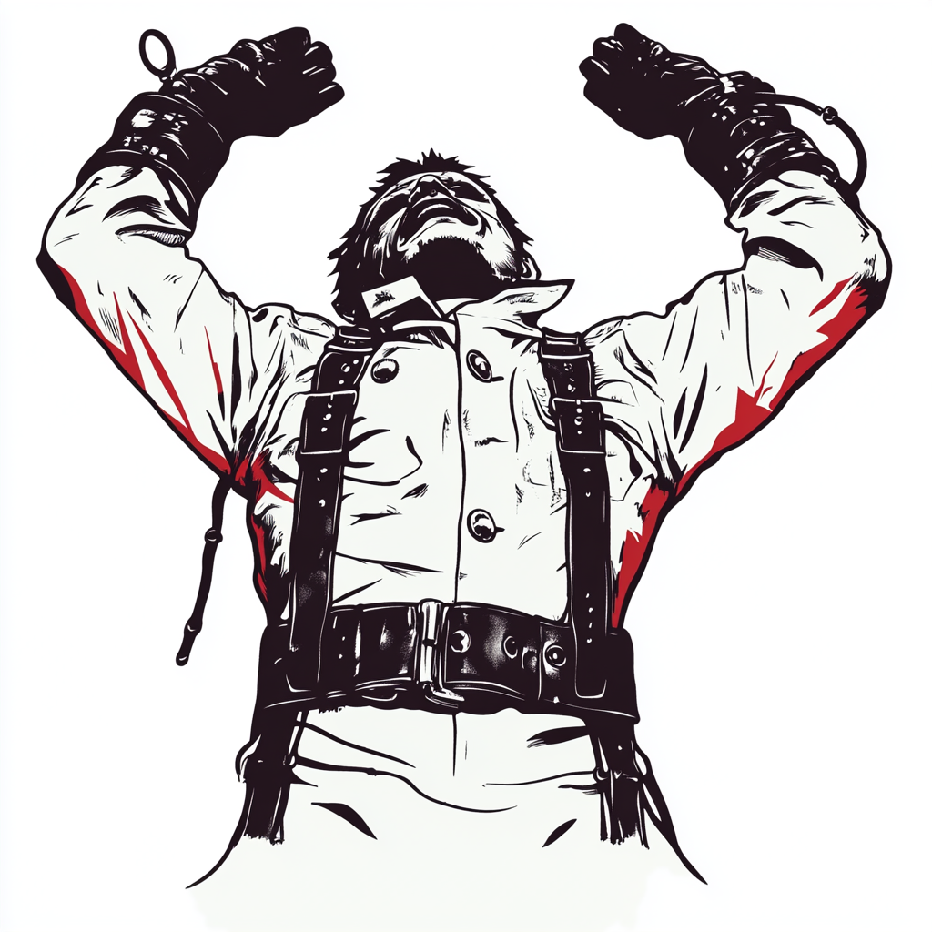 Illustration of man in white with black leather restraints.