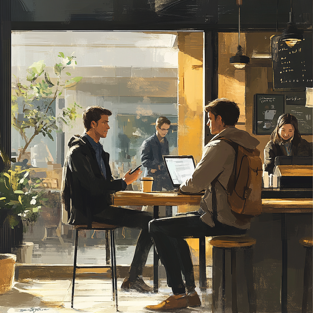 Illustration of man in work clothes at cafe.