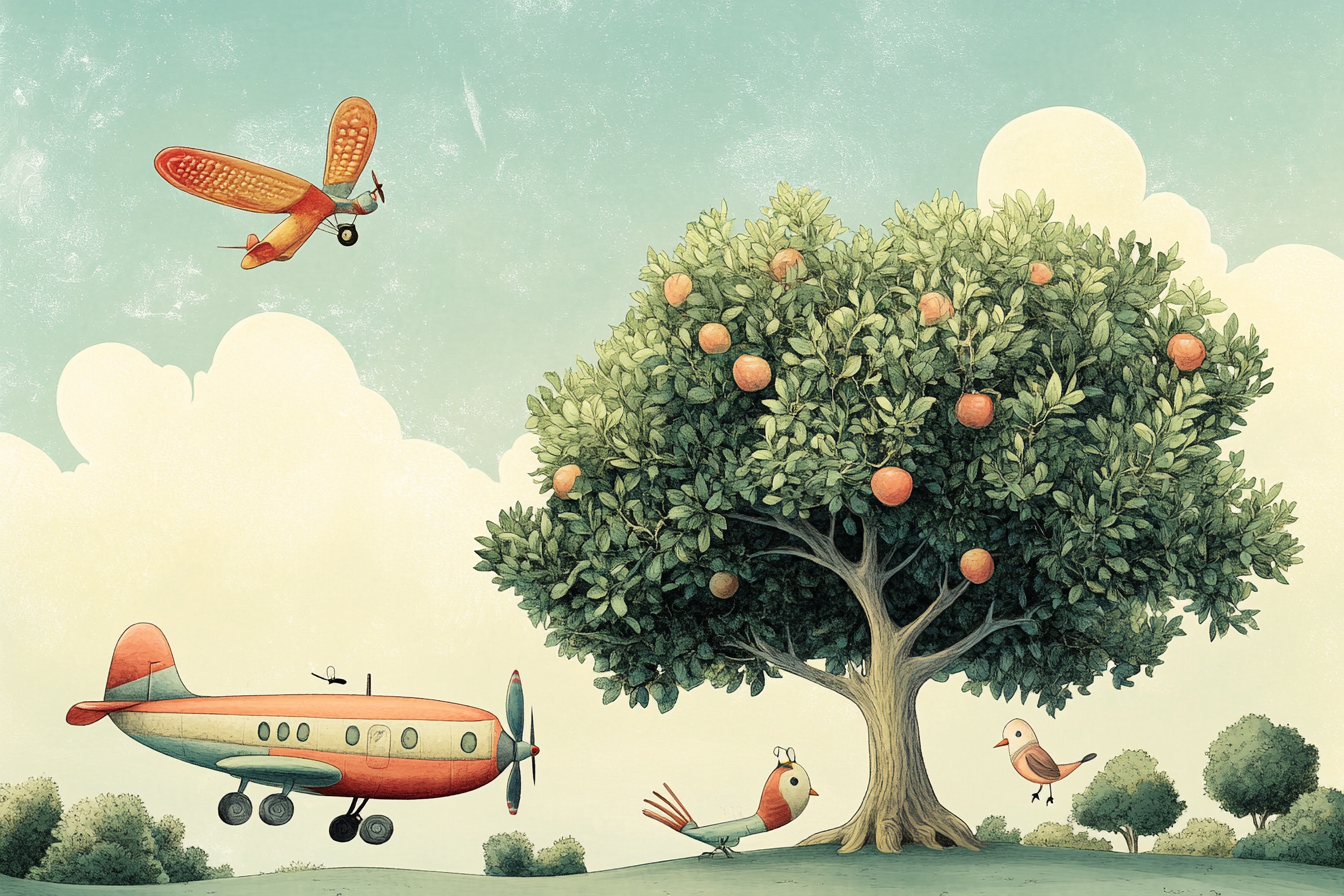 Illustration of olive tree surrounded by whimsical flying objects.