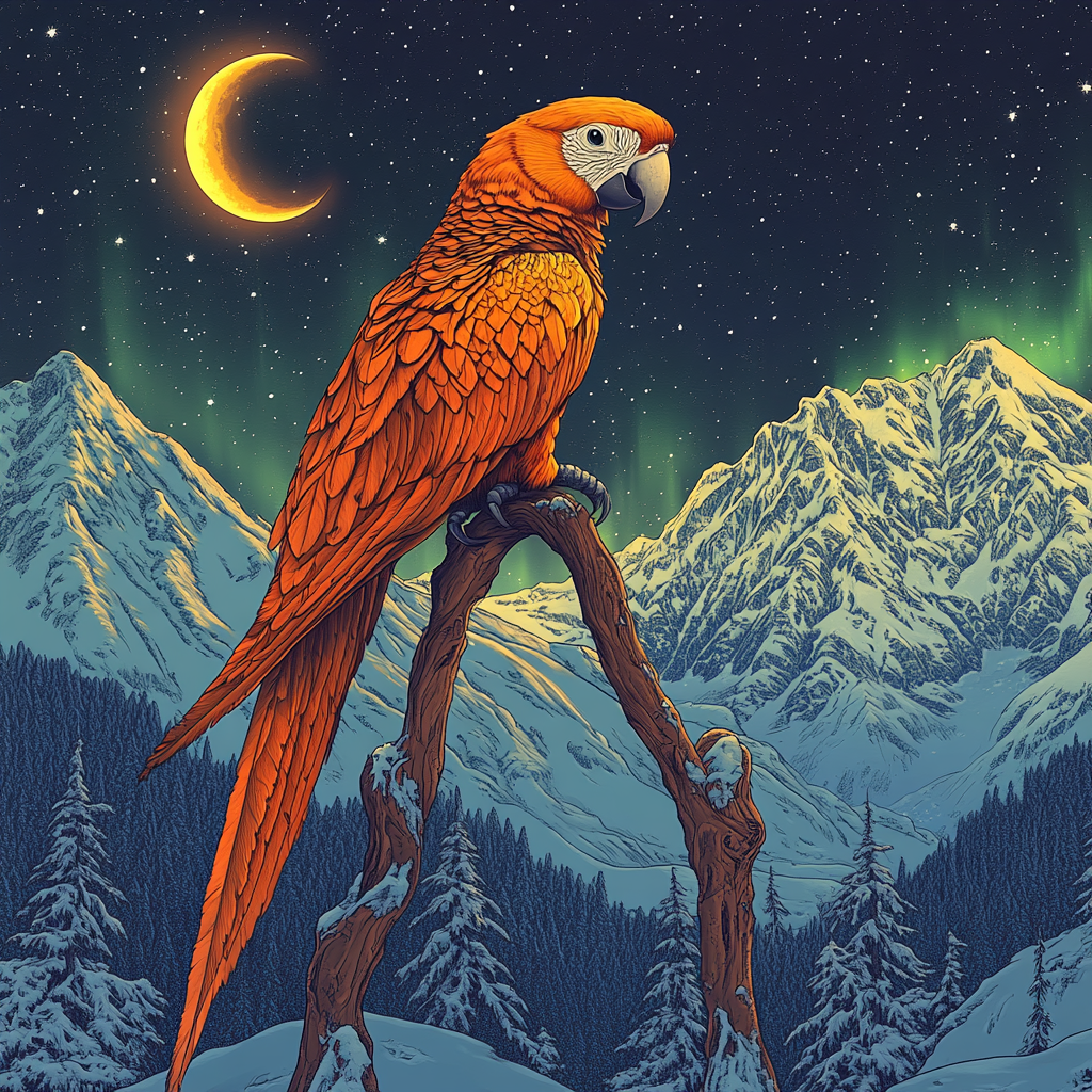 Illustration of orange parrot on branch with mountains, Northern Lights