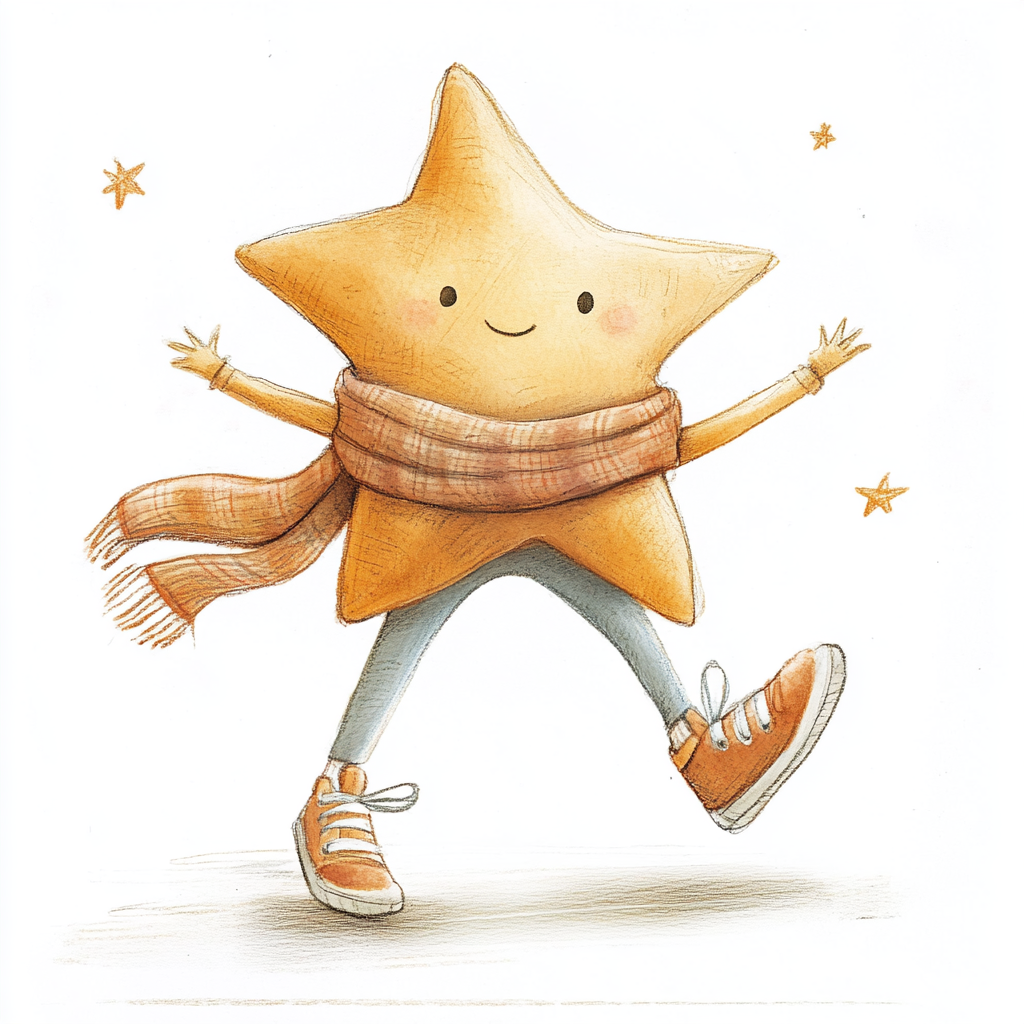 Illustration of playful star in scarf, sports shoes.