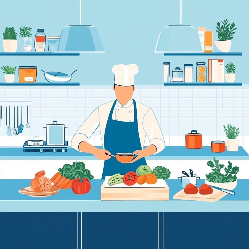 Illustration of professional kitchen with fresh ingredients and chef.