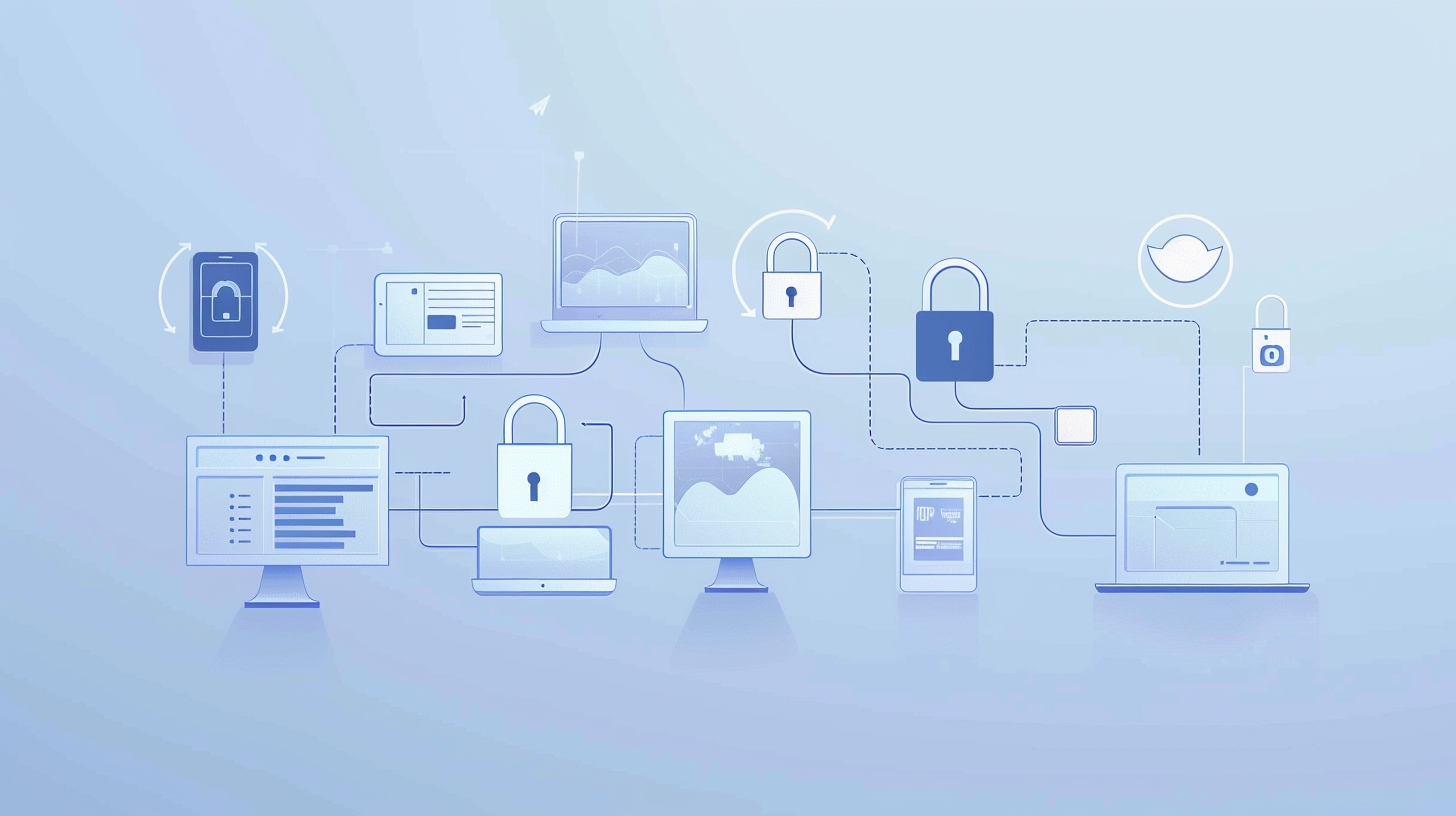 Illustration of secure data flow, connected devices, locked icons.