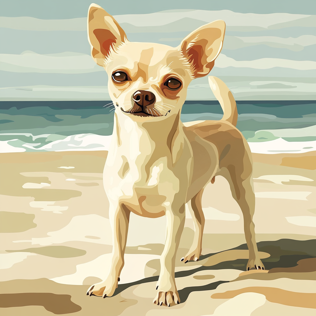 Illustration of short-haired Chihuahua on sandy beach.