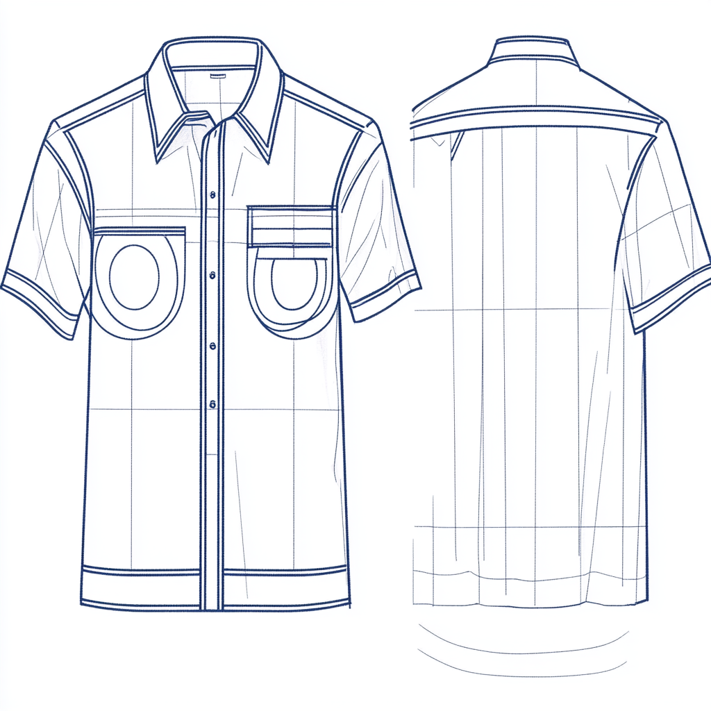 Illustration of short-sleeve shirt design with abstract round and square pattern.