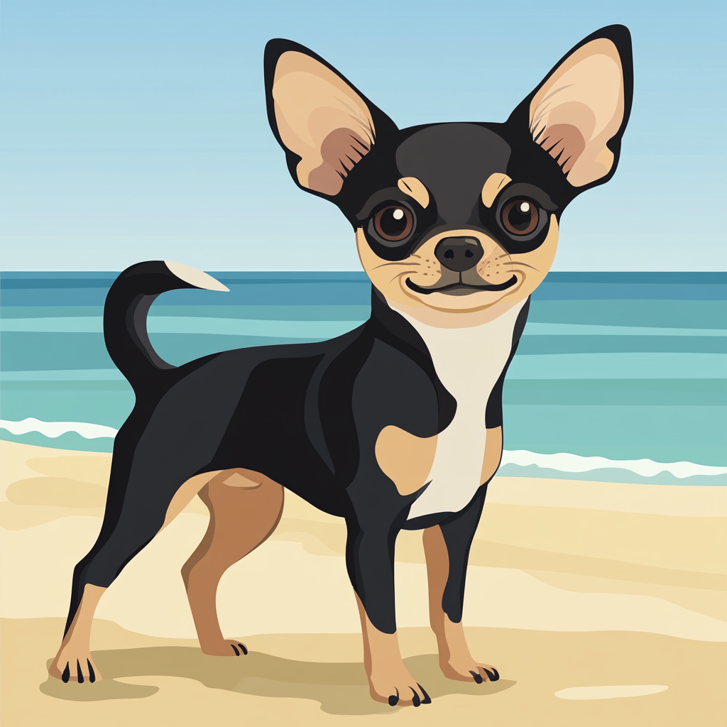 Illustration of small Chihuahua with black coat on beach.