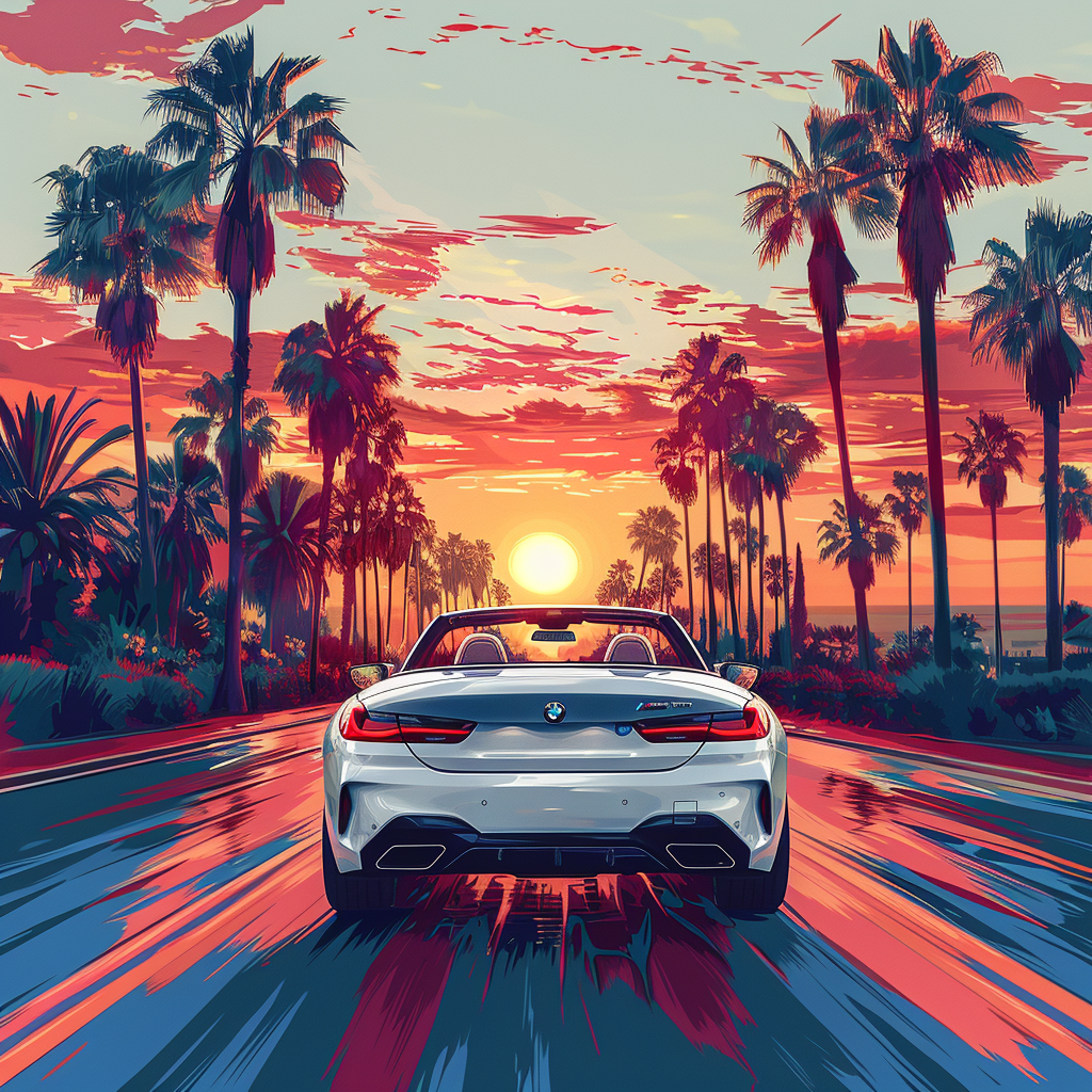 Illustration of sun shining on palm trees road view.