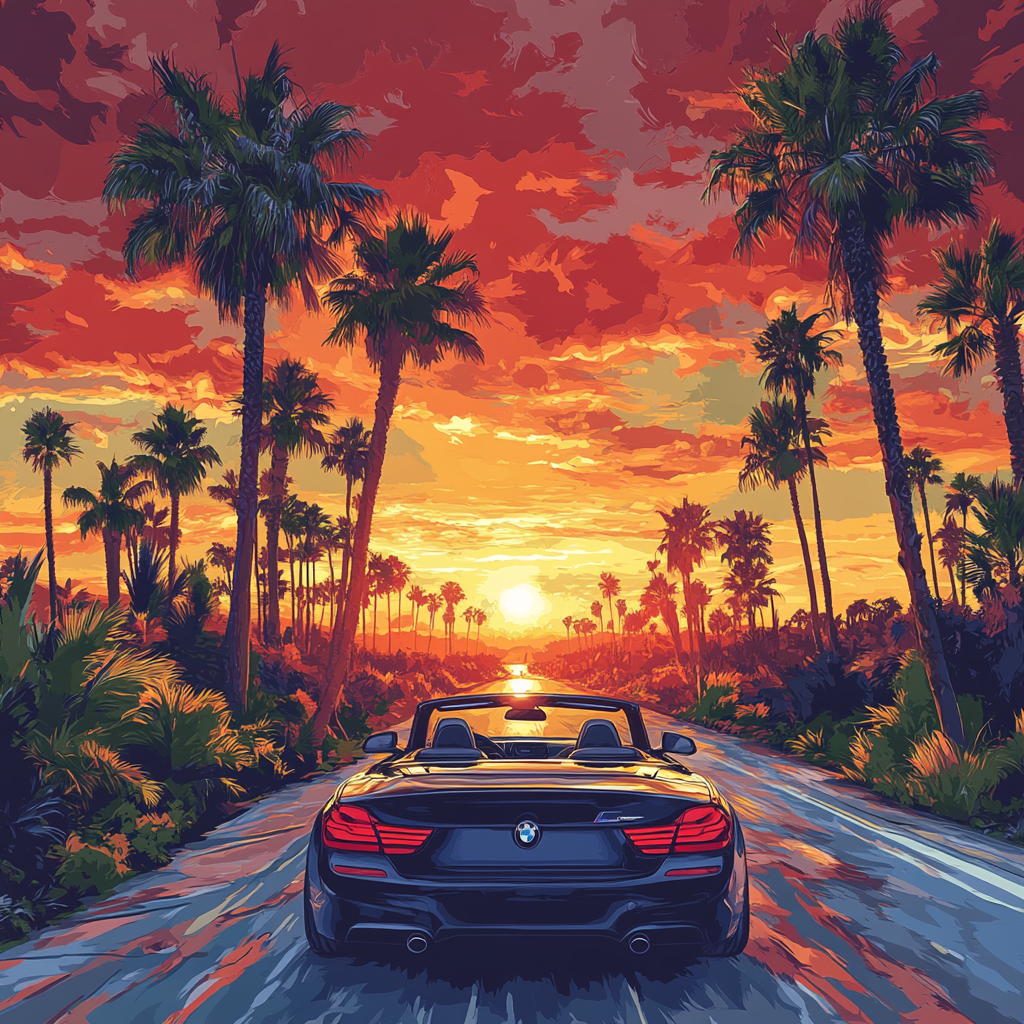 Illustration of sunlit road horizon from black BMW convertible.