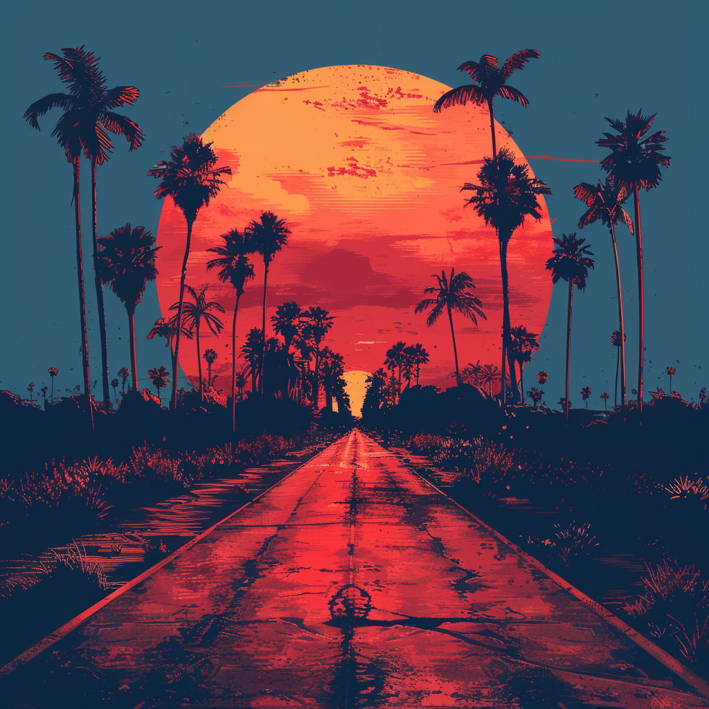 Illustration of sunset view from convertible with palm trees.