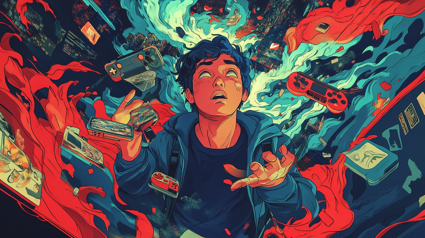 Illustration of teen surrounded by video game storm, Kuchar style.