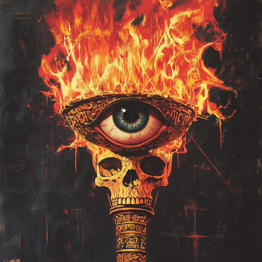 Illustration of torch with eye and skull detail.