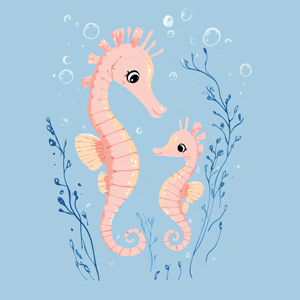 Illustration of two seahorses on light blue background.