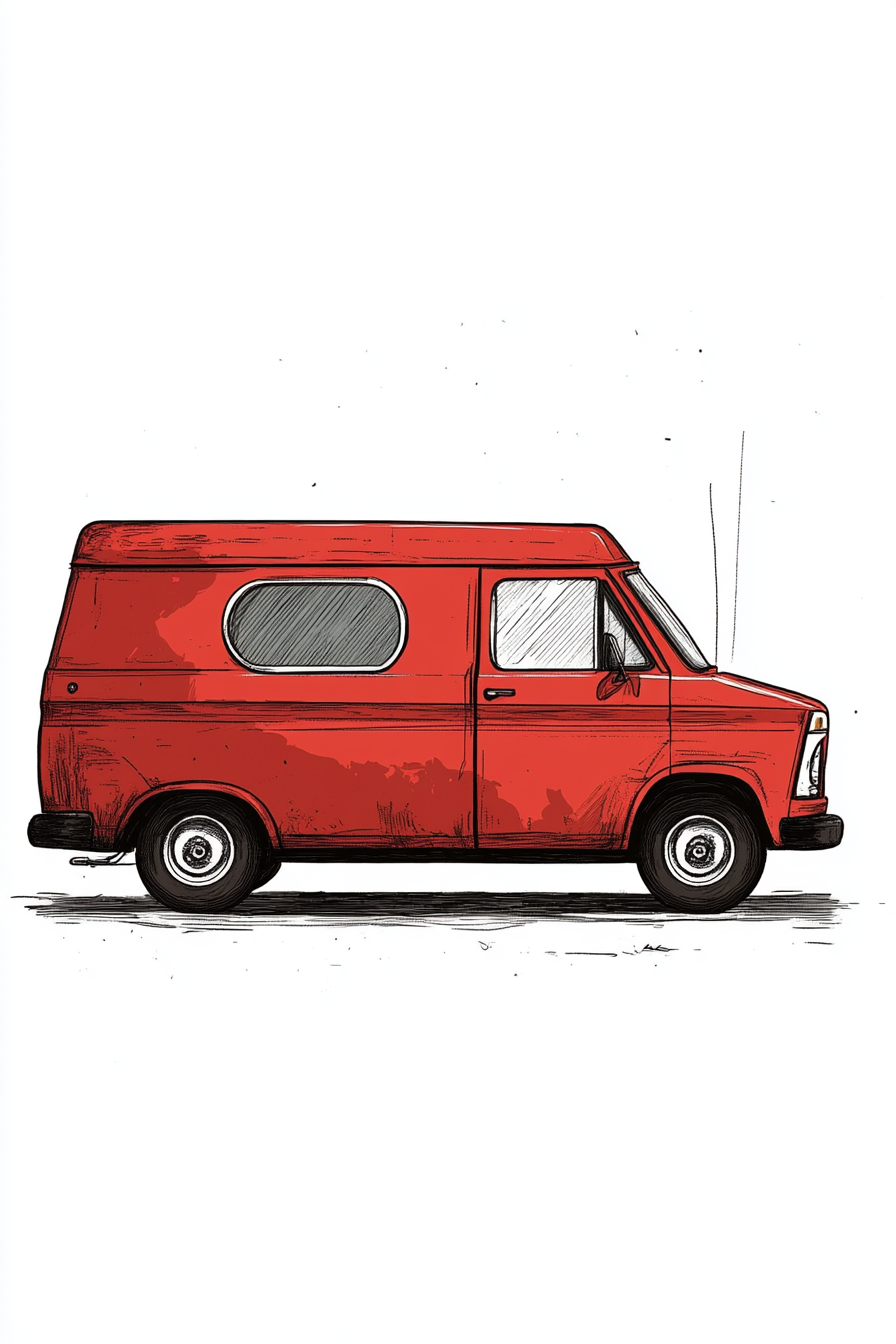 Illustration of vintage red van with inked details.