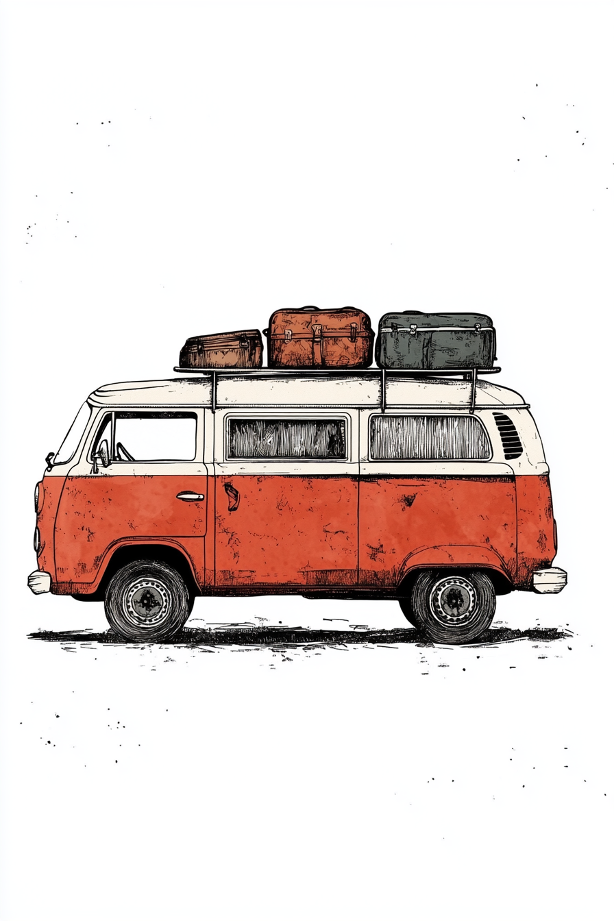 Illustration of vintage red van with luggage on roof.