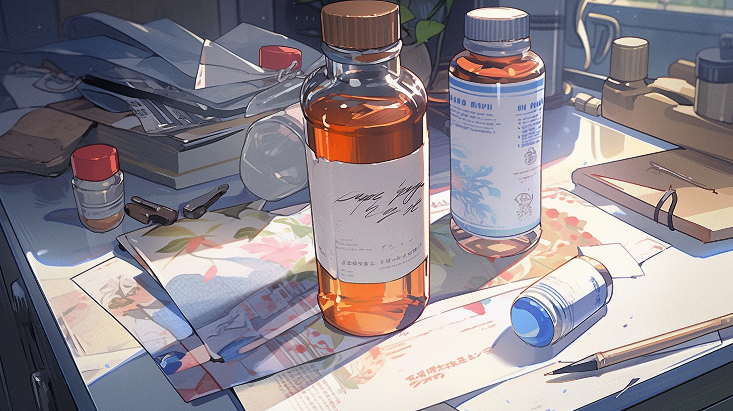 Illustration of water bottle and salt bag on table.