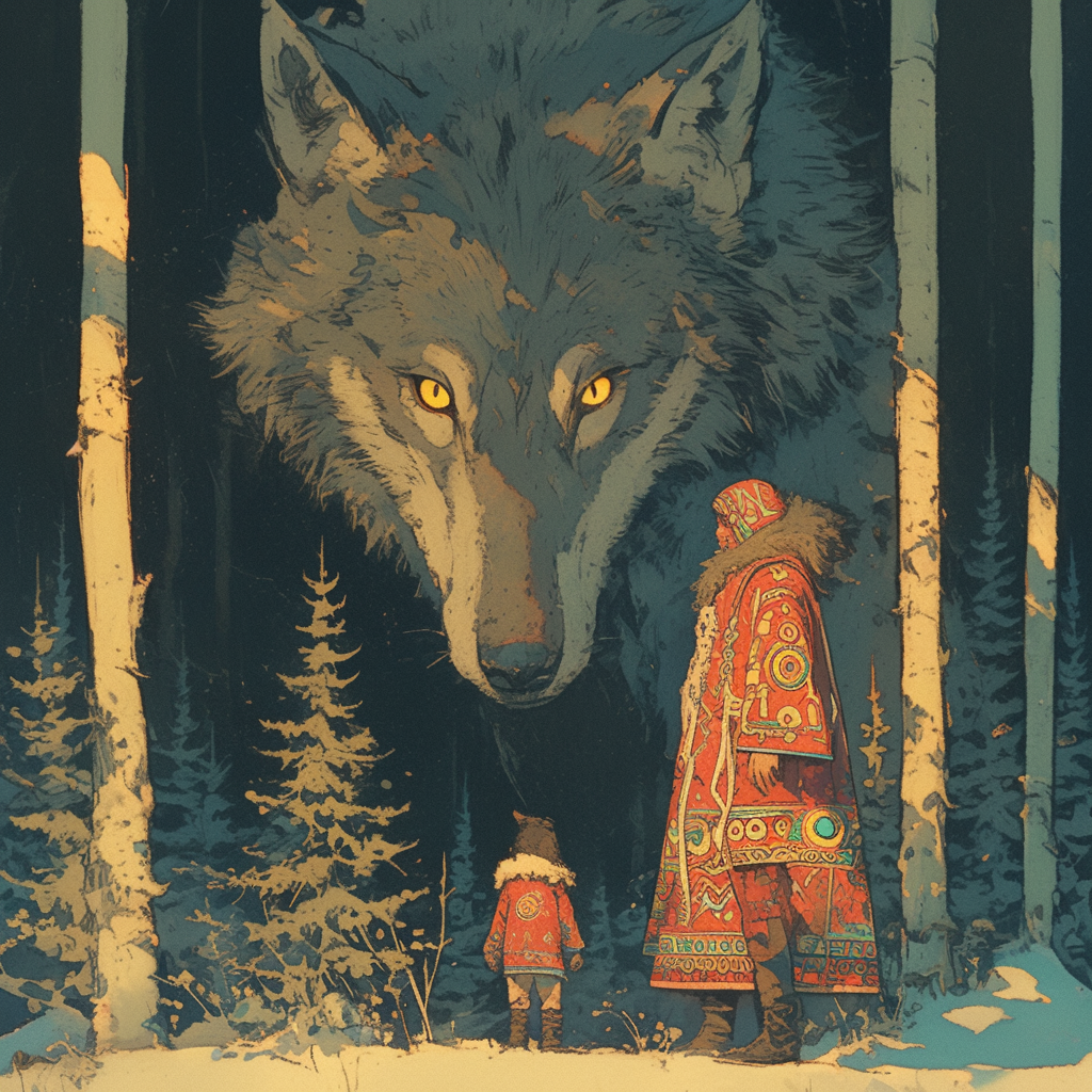 Illustration of wolf protecting boy in dark forest.