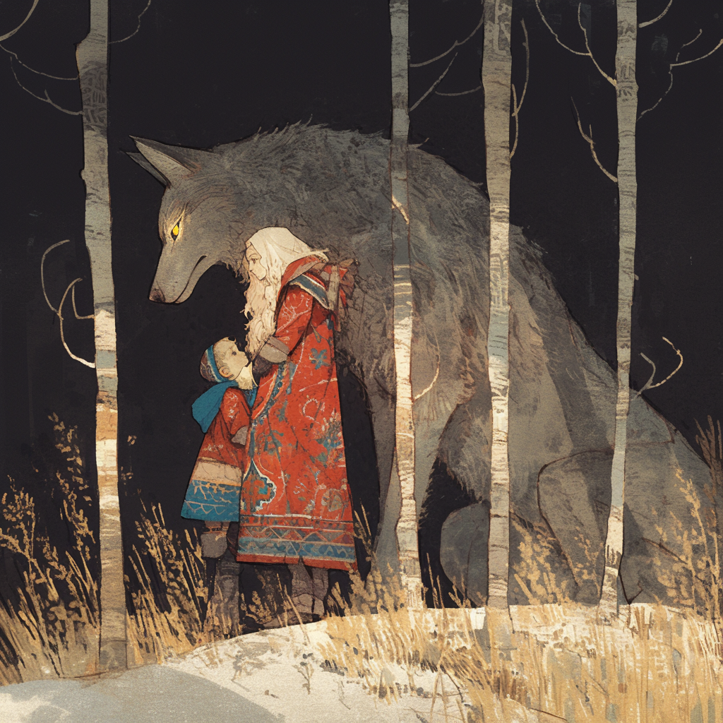 Illustration of wolf protecting infant boy in folk style.