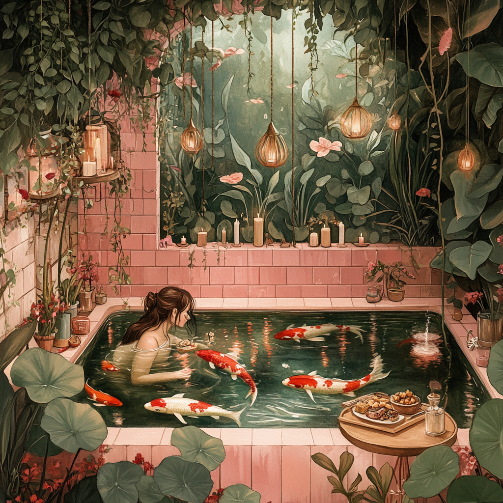 Illustration of woman in tub surrounded by koi fish.