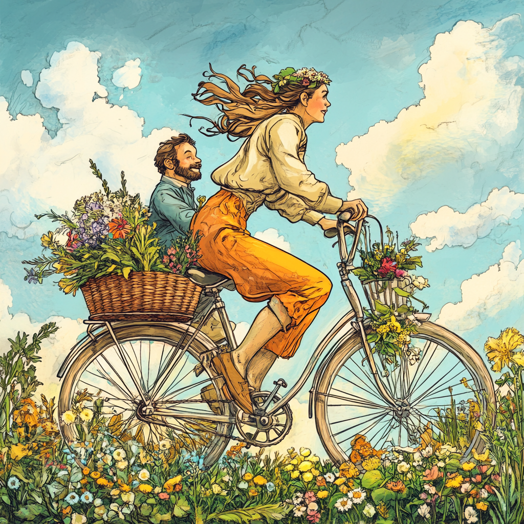 Illustration of woman riding bicycle with man in basket.