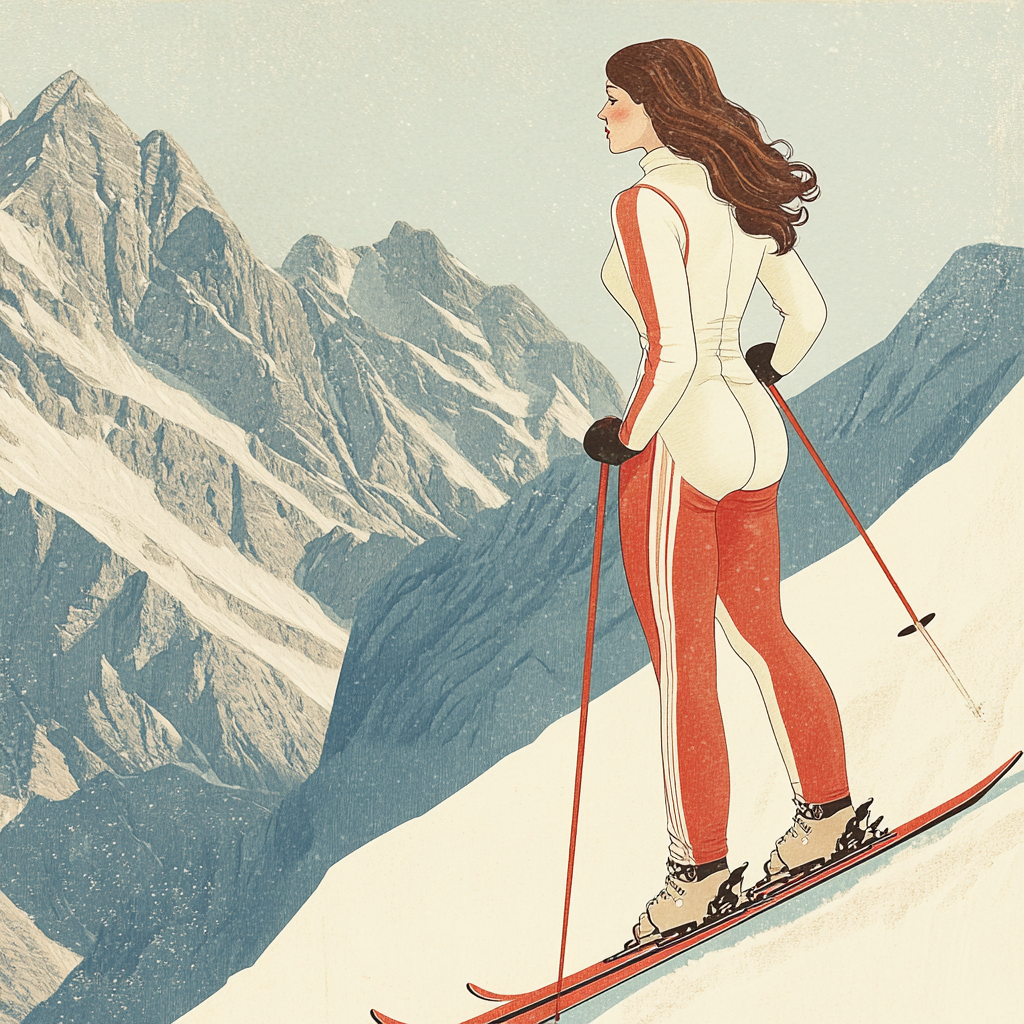 Illustration of woman skiing on mountain in vintage suit.