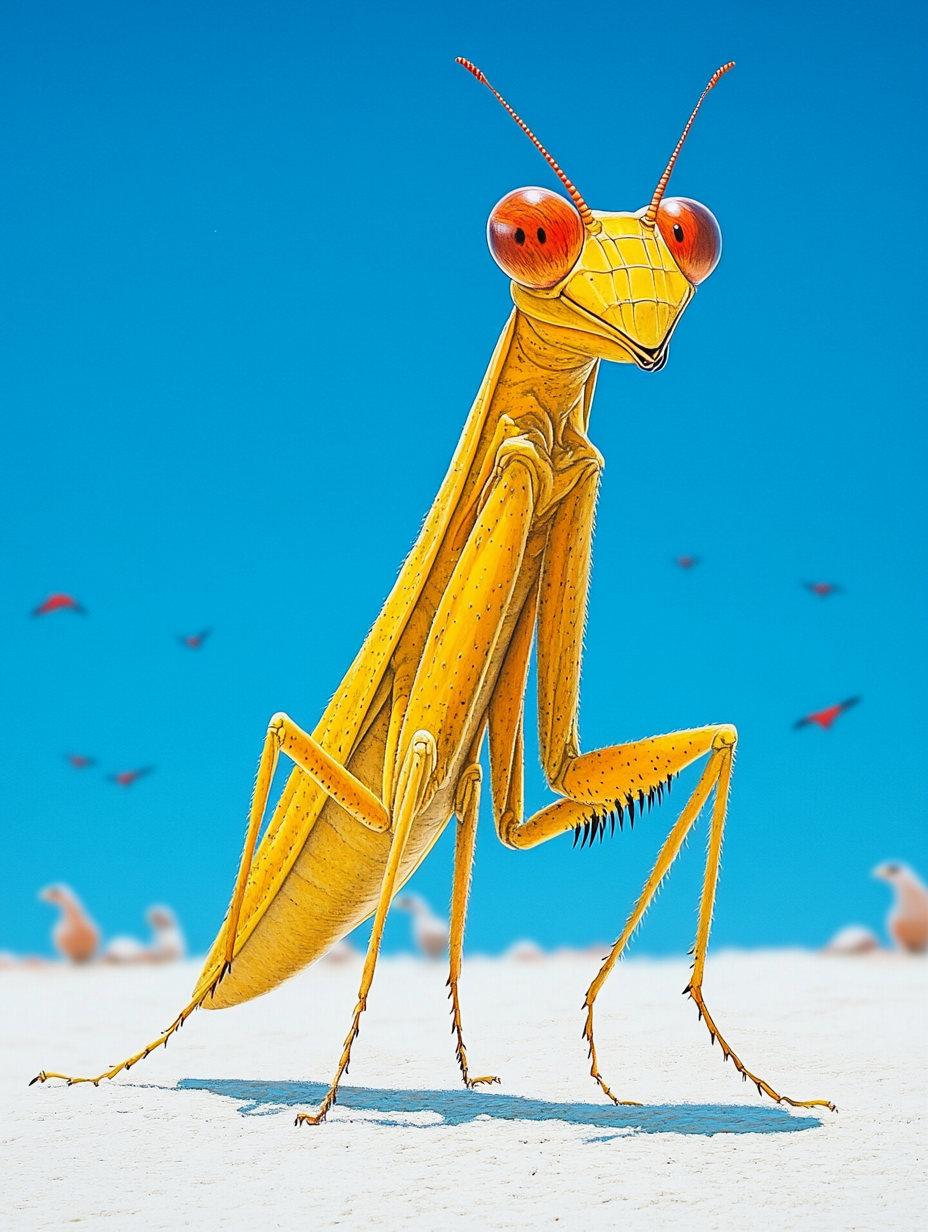 Illustration of yellow mantis in surreal landscape art.