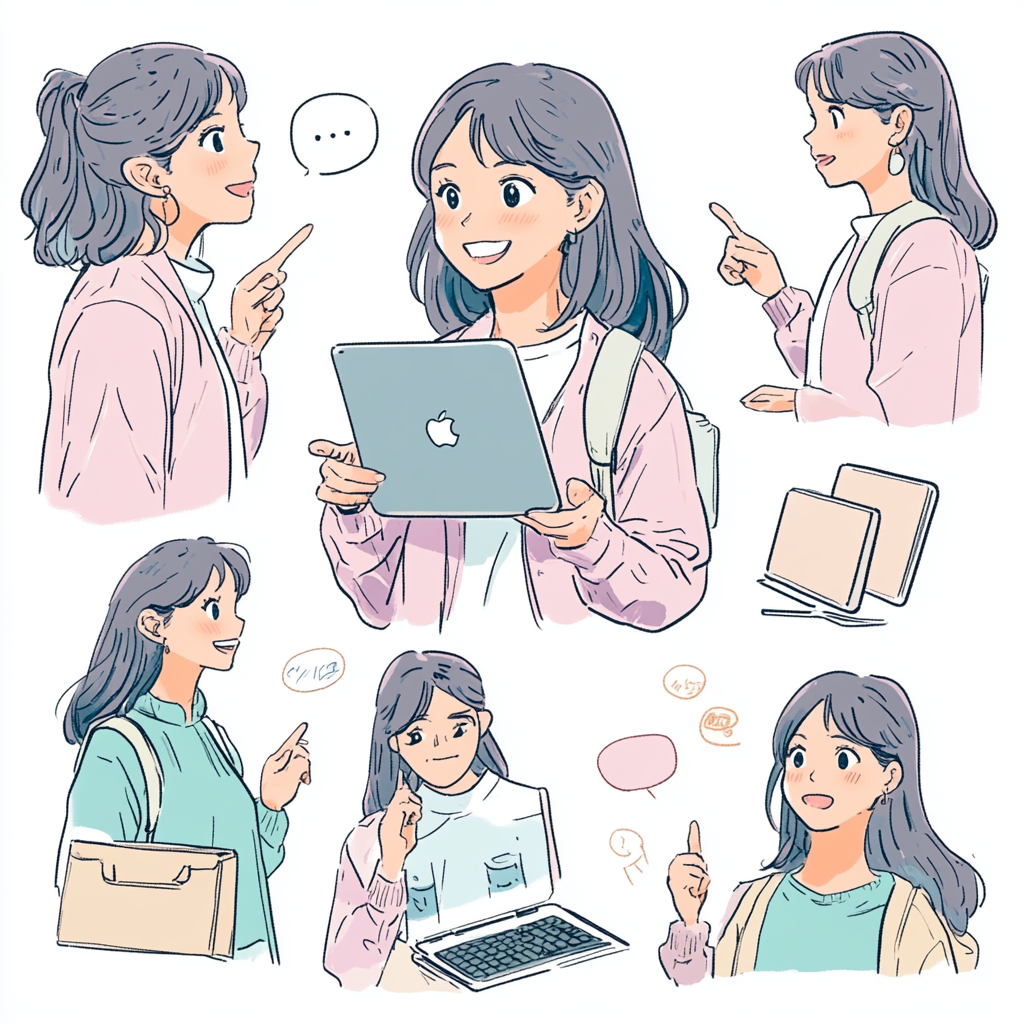 Illustration of young Japanese woman with Mac computer.