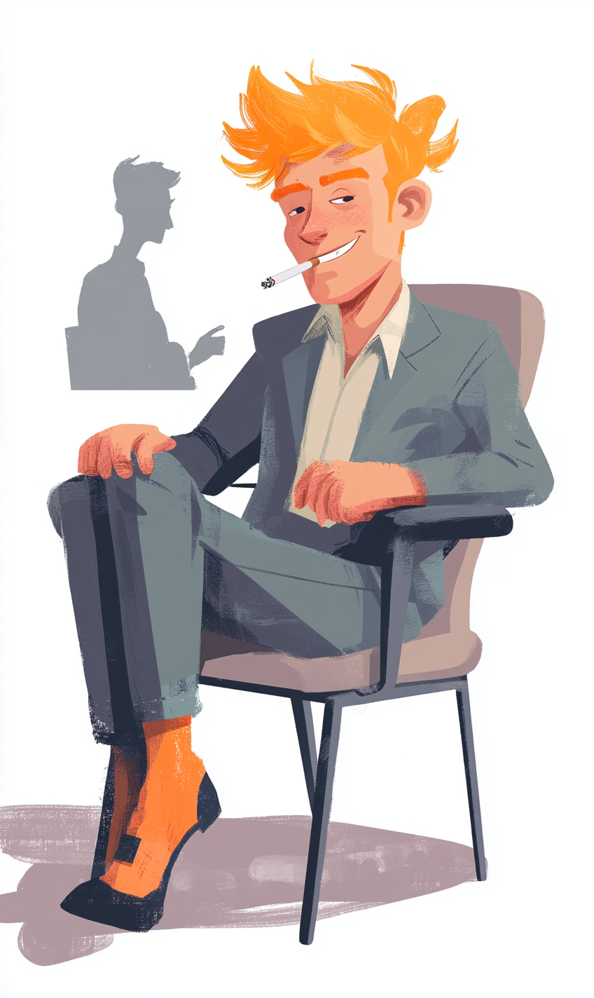 Illustration of young man smoking in chair with smile.