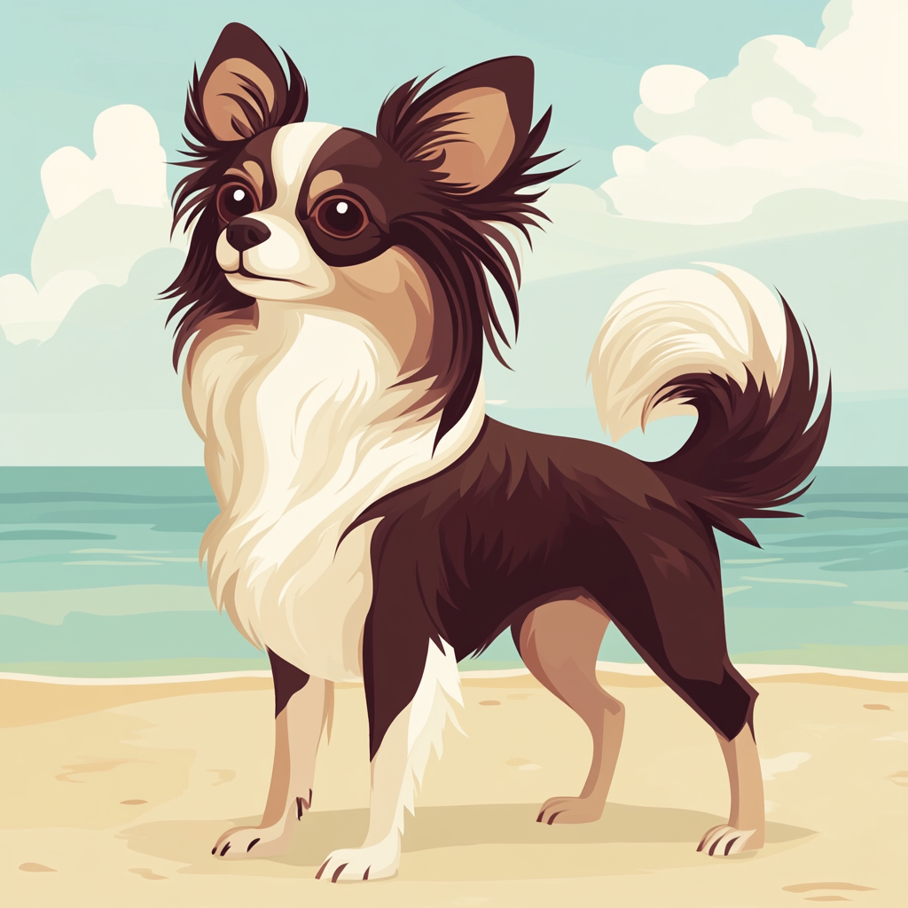 Illustration: Chihuahua with long hair, majestic, sandy beach.