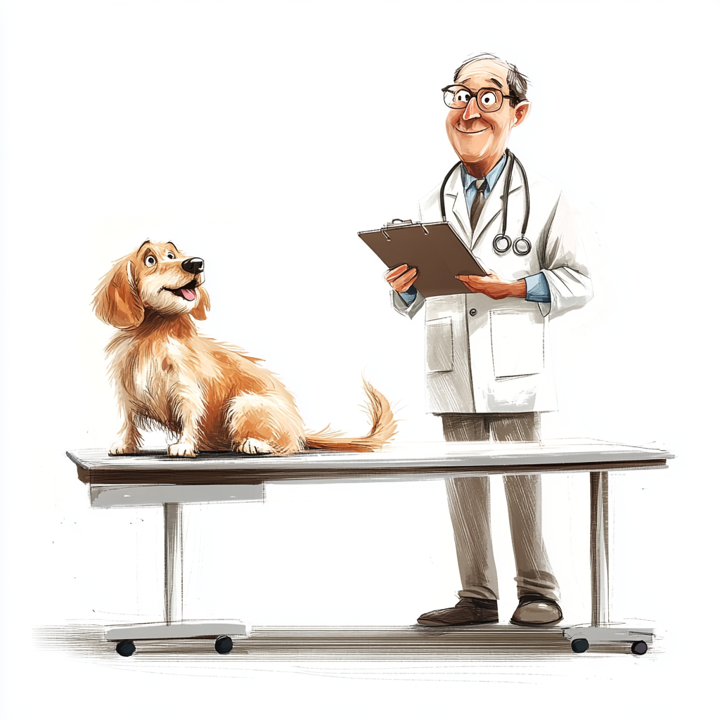 Illustration: Dog on table, vet with clipboard, white background.